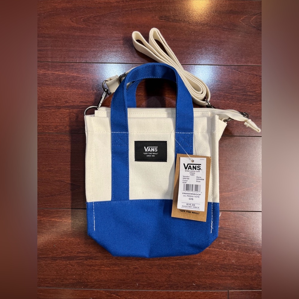 Vans Lil Pergs Tote Bag Small Crossbody Purse Cotton Canvas Blue White 8x7x3 New